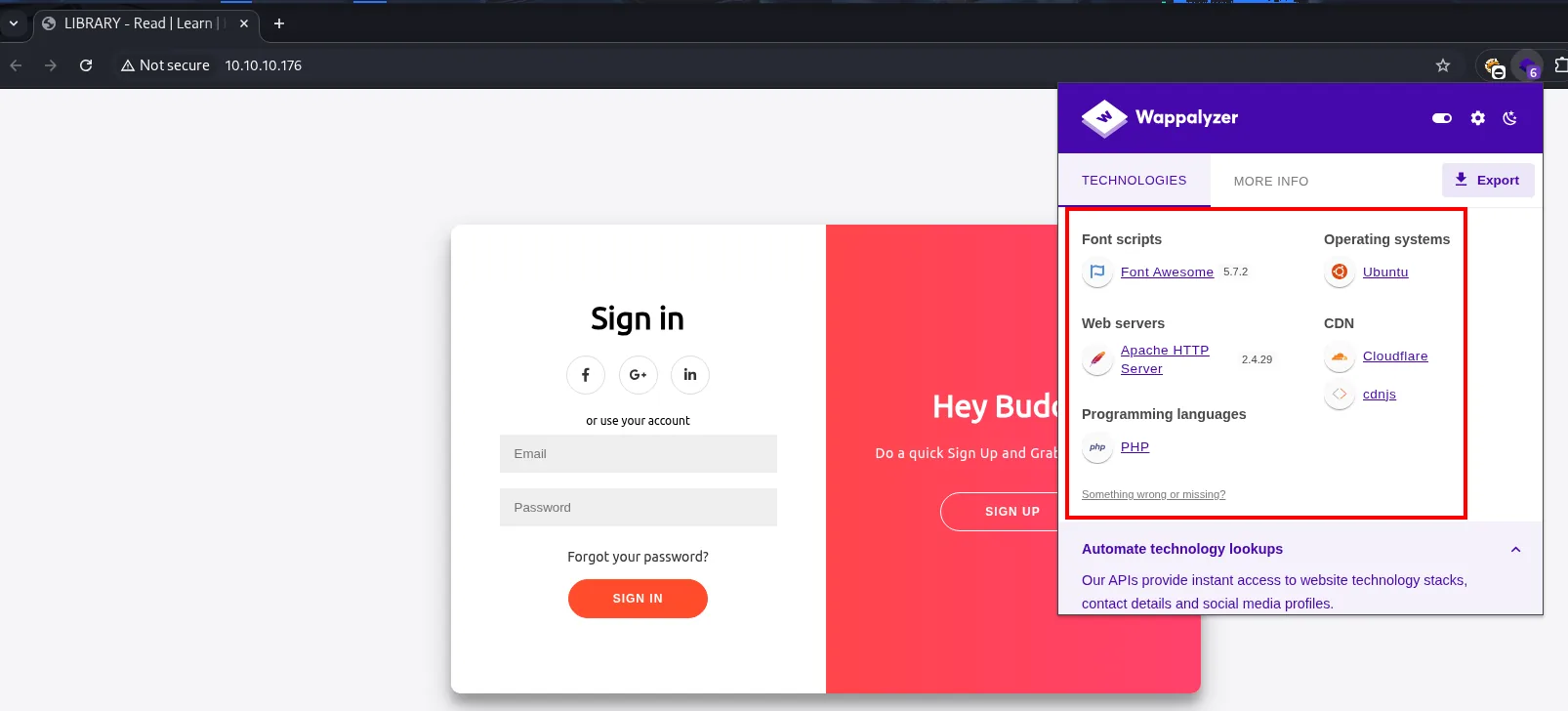 Wappalyzer sobre 10.10.10.176 detecta Apache HTTP Server 2.4.29, PHP, Ubuntu, Font Awesome 5.7.2 y las CDN de Cloudflare y cdnjs, sobre la pantalla de Sign in