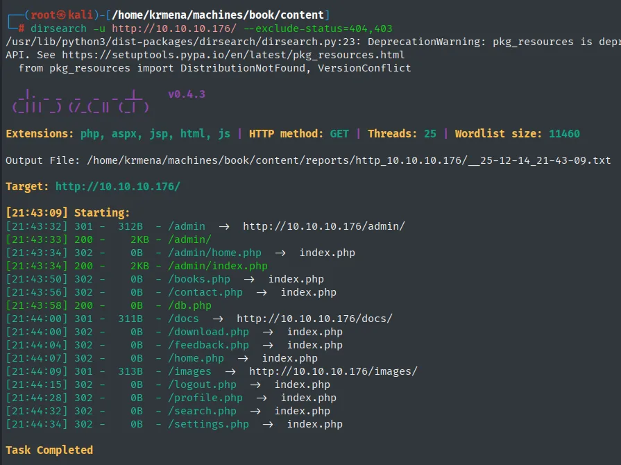 dirsearch lista /admin/, /db.php, /download.php, /feedback.php, /profile.php, /search.php y /settings.php