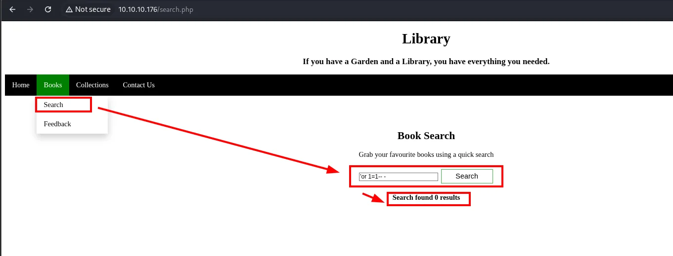 el buscador con la carga 'or 1=1-- - responde Search found 0 results, sin error de base de datos