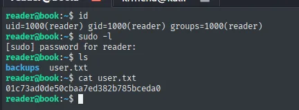 id, sudo -l y user.txt de reader