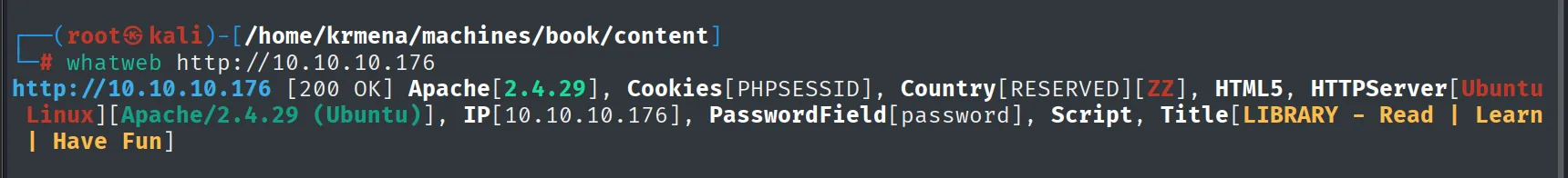whatweb identifica Apache 2.4.29 sobre Ubuntu con PHPSESSID y el título LIBRARY - Read | Learn | Have Fun