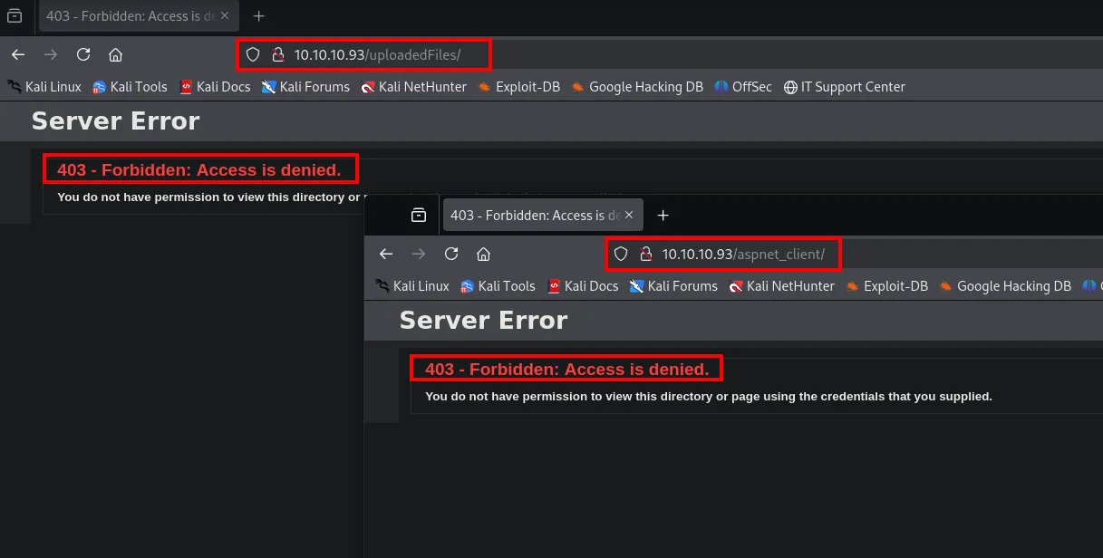 tanto /uploadedFiles/ como /aspnet_client/ devuelven 403 - Forbidden: Access is denied