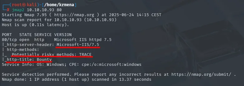 nmap identifica Microsoft IIS httpd 7.5 con el título Bounty y el método TRACE habilitado