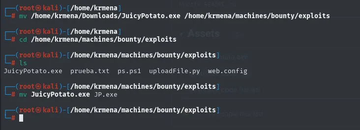 el mv del binario al directorio de exploits, el ls que lo confirma junto a ps.ps1, uploadFile.py y web.config, y el renombrado a JP.exe