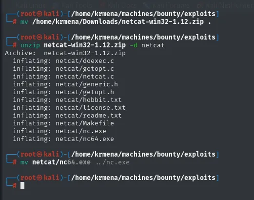 el unzip extrae el paquete completo de netcat, incluidos nc.exe y nc64.exe, y se renombra el de 64 bits a nc.exe