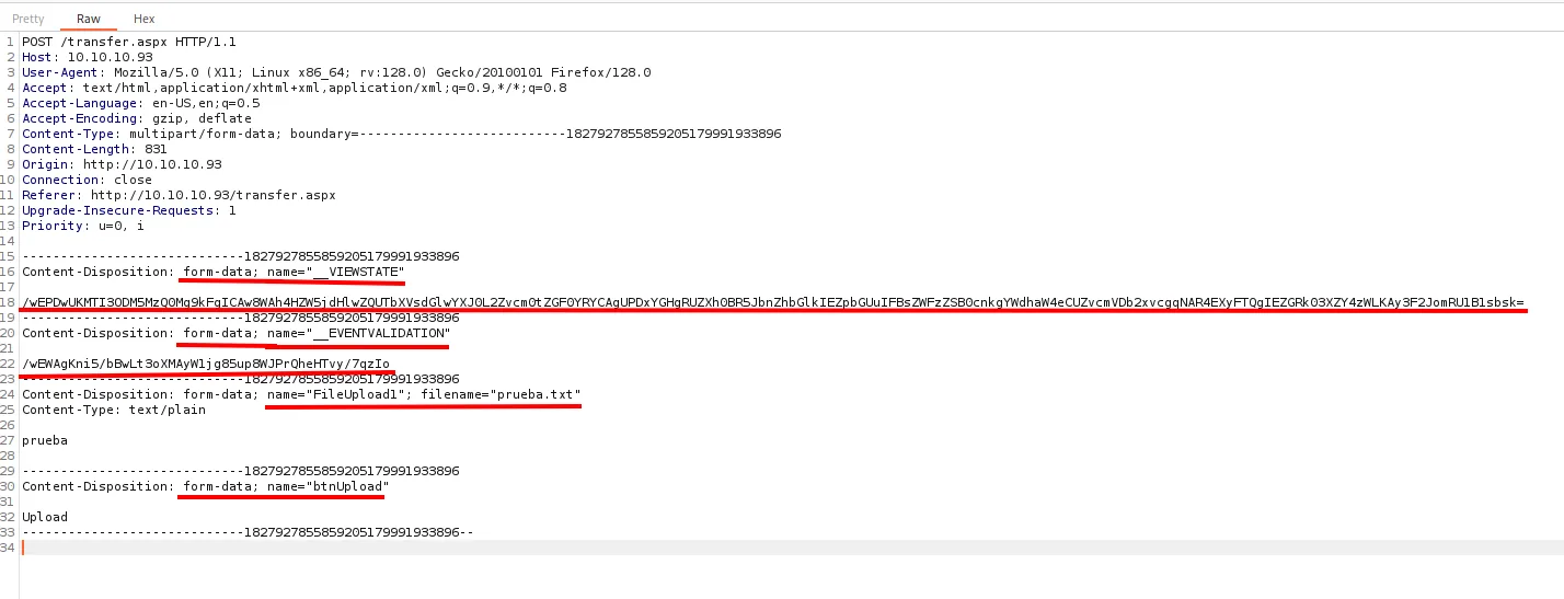 la petición POST /transfer.aspx interceptada, con las cuatro partes del multipart resaltadas: __VIEWSTATE, __EVENTVALIDATION, FileUpload1 con su filename, y btnUpload