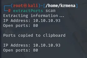 extractPorts devuelve IP Address 10.10.10.93 y Open ports 80, copiado al portapapeles
