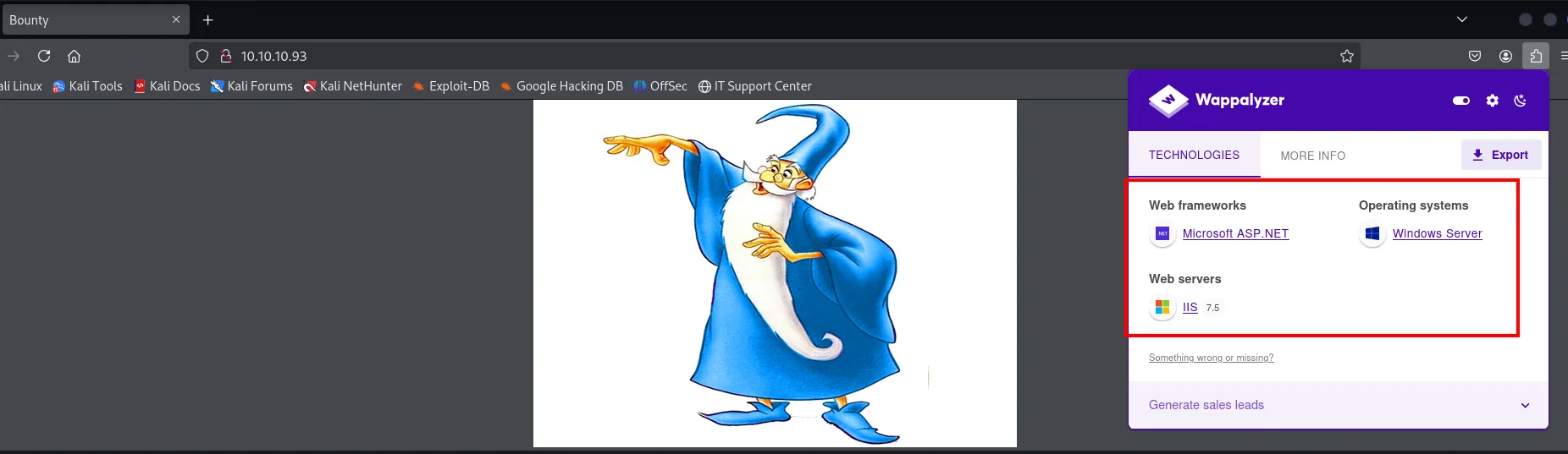 Wappalyzer sobre 10.10.10.93 detecta Microsoft ASP.NET como framework, IIS 7.5 como servidor y Windows Server como sistema operativo, con la imagen de un mago azul de fondo