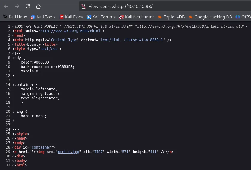 el view-source de la portada: un HTML mínimo con estilos en línea y un único img src="merlin.jpg" con alt IIS7