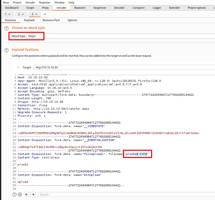 la pestaña Positions con Attack type: Sniper y el filename marcado como "prueba§.txt§", con la extensión entre marcadores