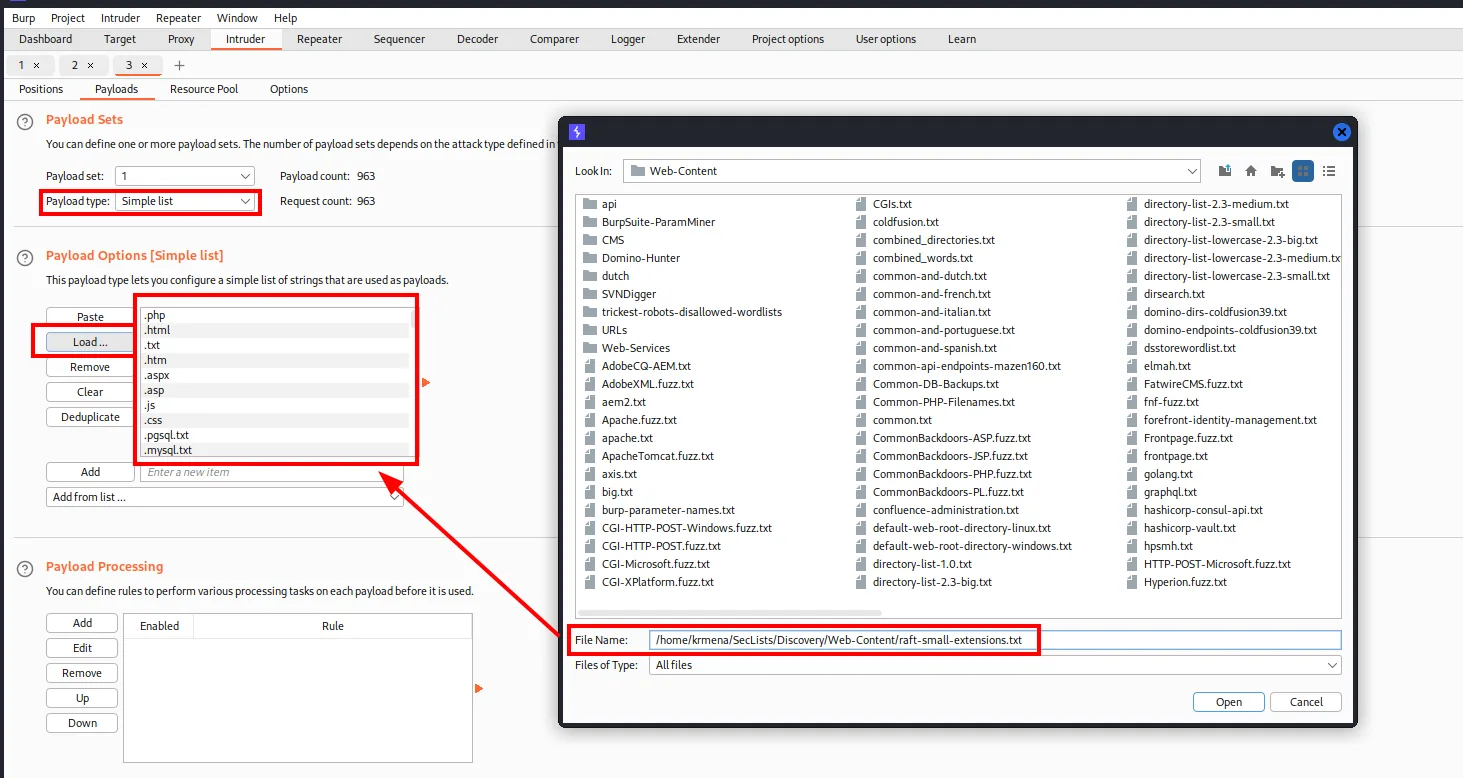 la pestaña Payloads con Payload type Simple list y el diálogo de carga apuntando a raft-small-extensions.txt, 963 payloads