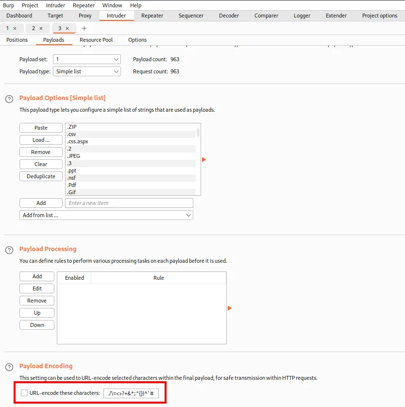 la sección Payload Encoding con la casilla URL-encode these characters desmarcada