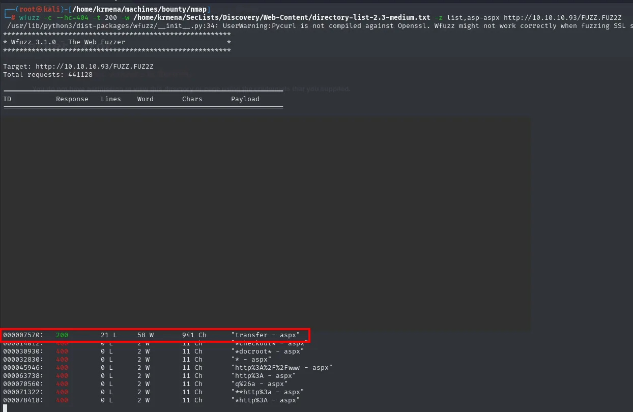 wfuzz descubre el recurso transfer.aspx en el servidor IIS