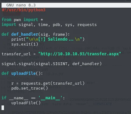 el esqueleto del script en nano: importa pwn, signal, time, pdb, sys y requests, define transfer_url y hace un get con pdb.set_trace()