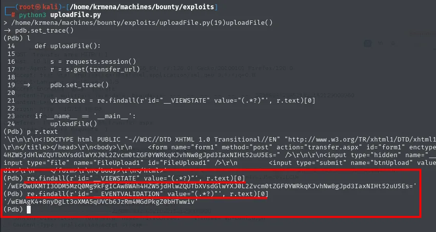 la sesión de pdb: se imprime r.text y se prueban las dos re.findall, que devuelven el valor del __VIEWSTATE y el del __EVENTVALIDATION