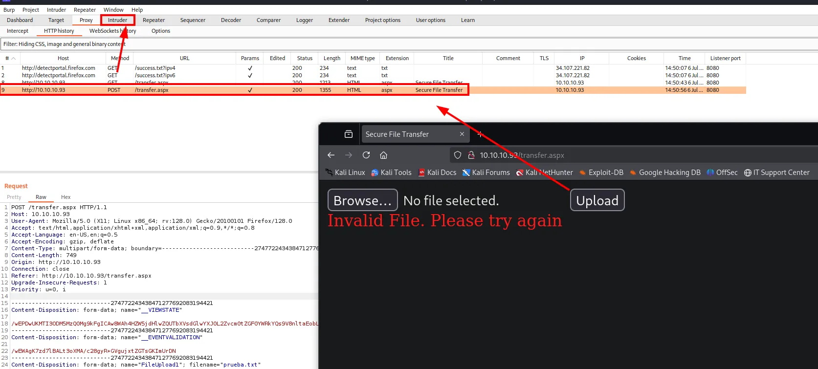 el HTTP history de Burp con la petición POST /transfer.aspx resaltada y la pestaña Intruder señalada, junto al navegador mostrando el Invalid File