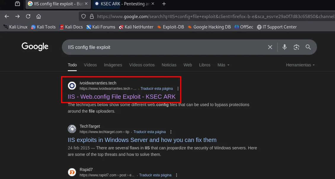 la búsqueda de "IIS config file exploit" devuelve como primer resultado IIS - Web.config File Exploit, de KSEC ARK en ivoidwarranties.tech