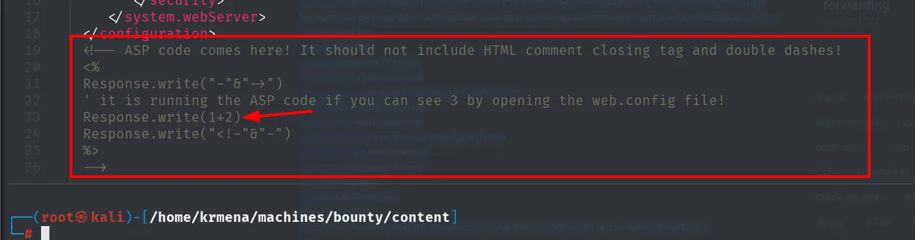 el bloque ASP del final del web.config, con el Response.write(1+2) señalado con una flecha entre los dos Response.write que cierran y reabren el comentario