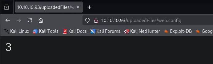 /uploadedFiles/web.config devuelve 3, prueba de ejecución de código ASP