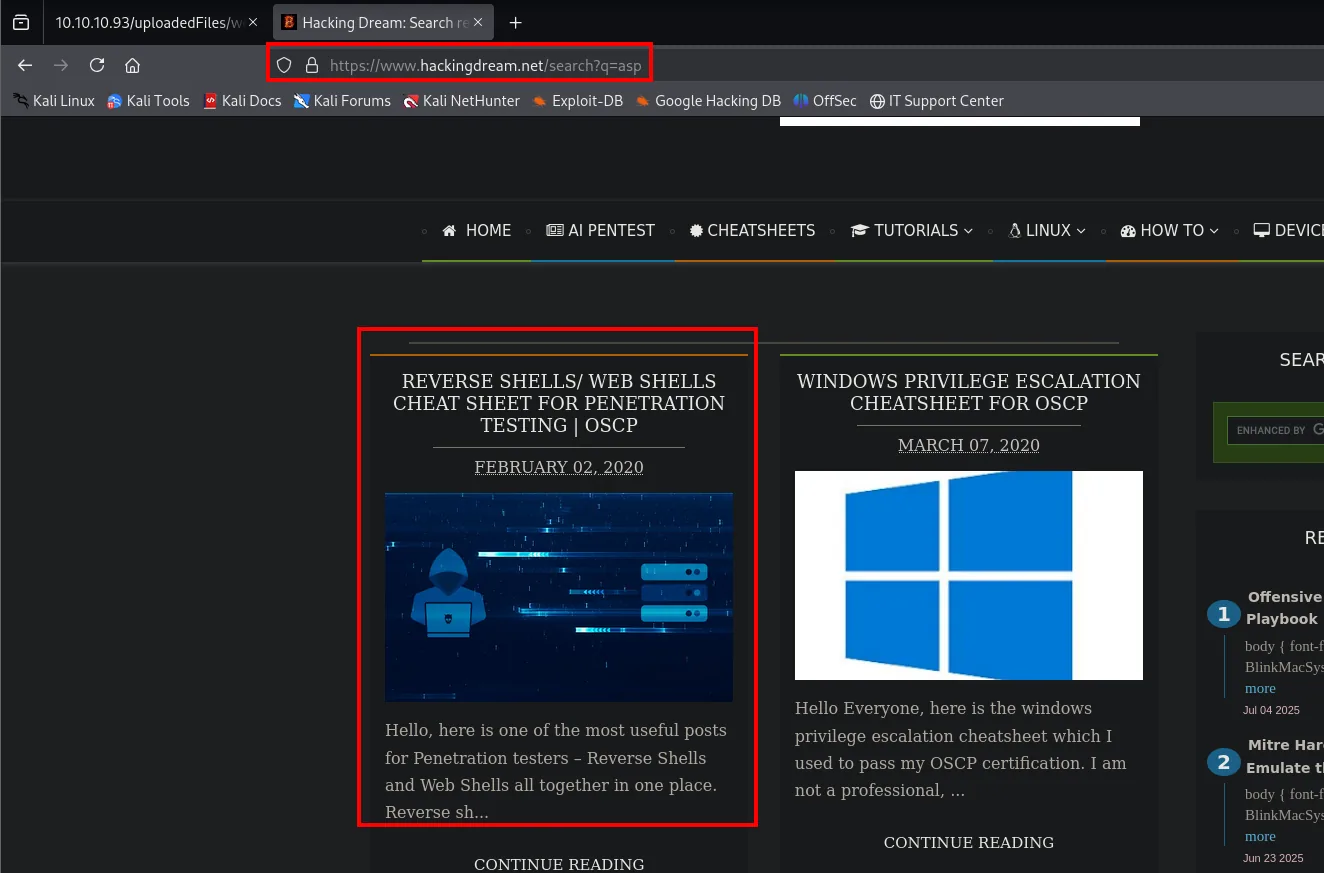 la búsqueda de asp en hackingdream.net devuelve el artículo Reverse Shells / Web Shells Cheat Sheet for Penetration Testing OSCP
