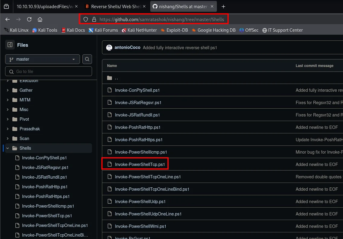 el contenido del directorio Shells, con Invoke-PowerShellTcp.ps1 resaltado entre los demás scripts