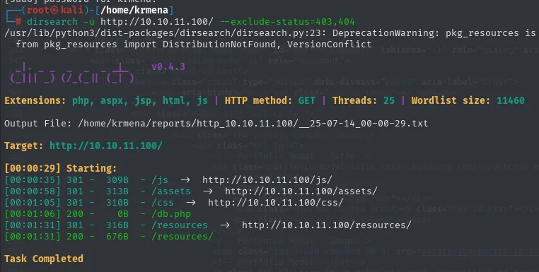 dirsearch: /db.php responde 200 con 0 bytes