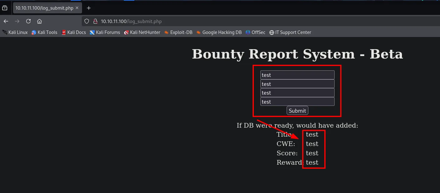 el formulario Bounty Report System - Beta refleja los cuatro campos enviados