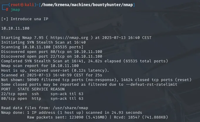 nmap -p- en BountyHunter: solo 22 y 80 abiertos