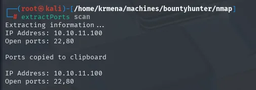 extractPorts resume el escaneo de Bountyhunter: IP 10.10.11.100 y puertos abiertos 22,80, copiados al portapapeles