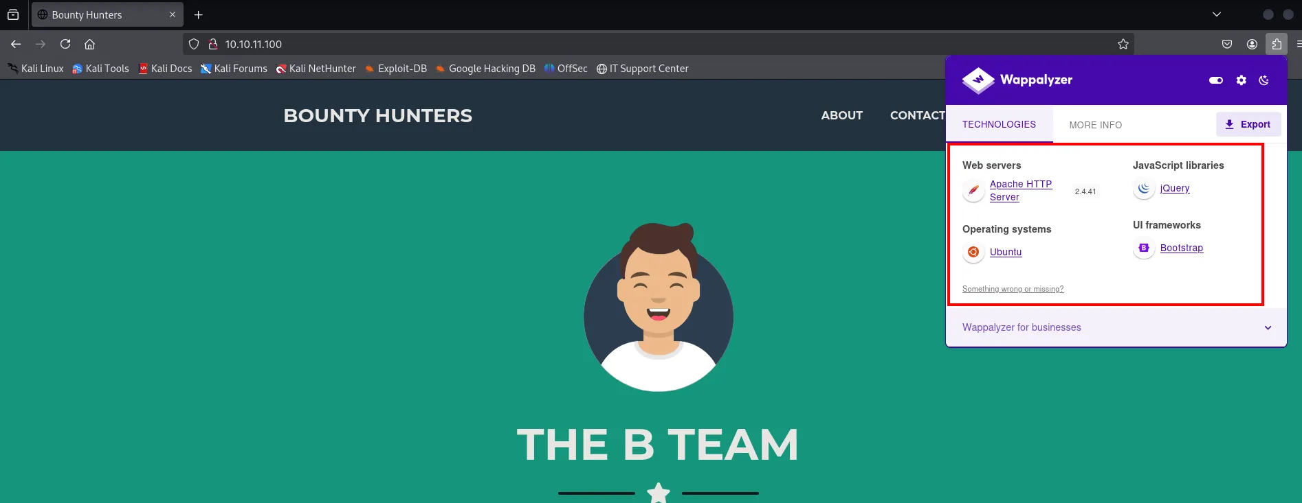 Wappalyzer: Apache 2.4.41, Ubuntu, jQuery y Bootstrap
