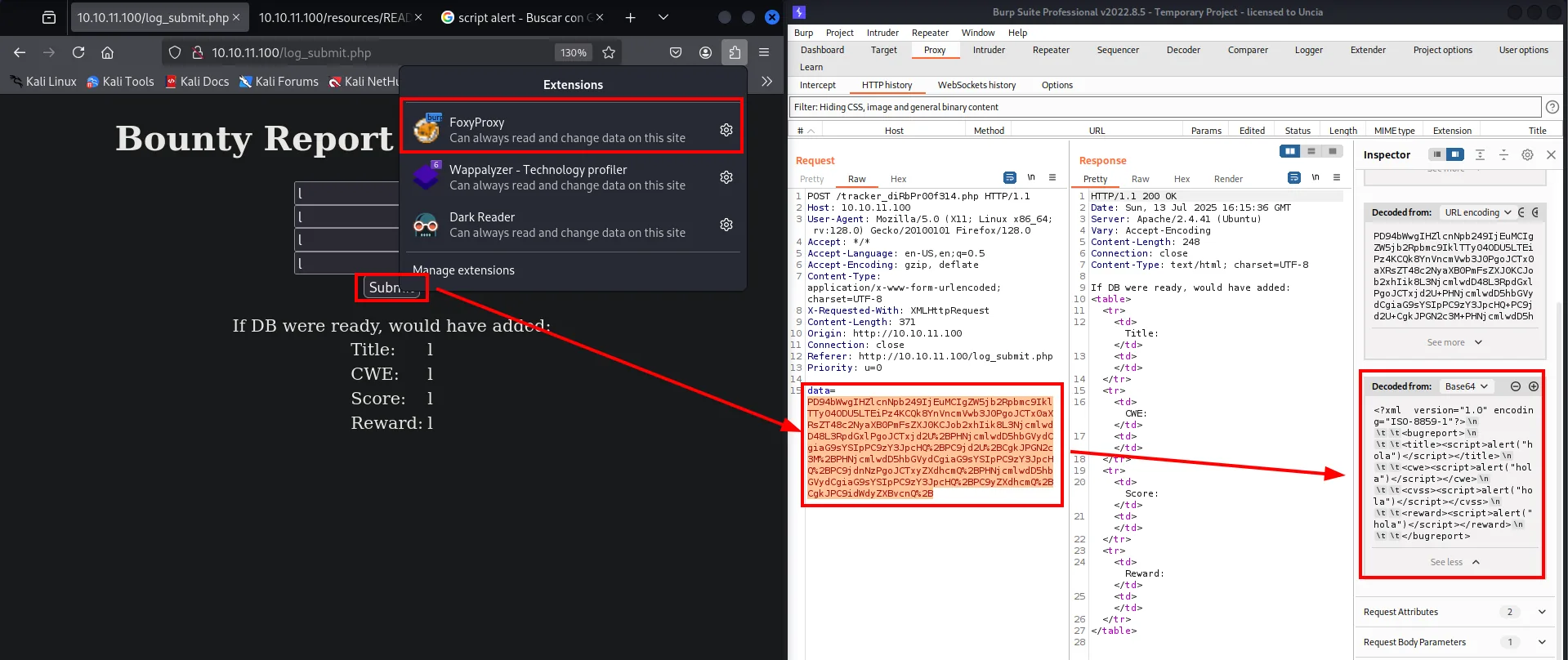 Burp: el POST a tracker_diRbPr00f314.php lleva un parámetro data en Base64 que decodifica a XML