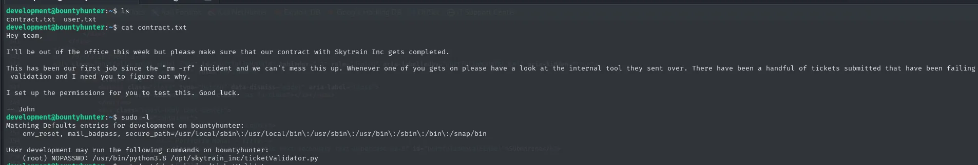 contract.txt y sudo -l muestran el validador de tickets ejecutable como root