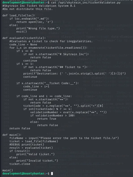 el código de ticketValidator.py usa eval() sobre el código del ticket